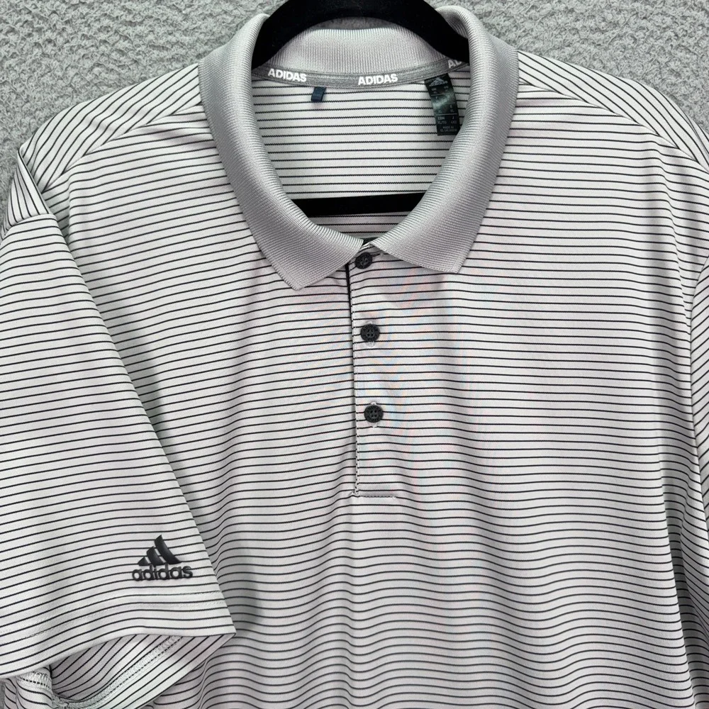 Adidas Polo Shirt Men XL Gray Black Striped Golf Preppy Sport Performance Active